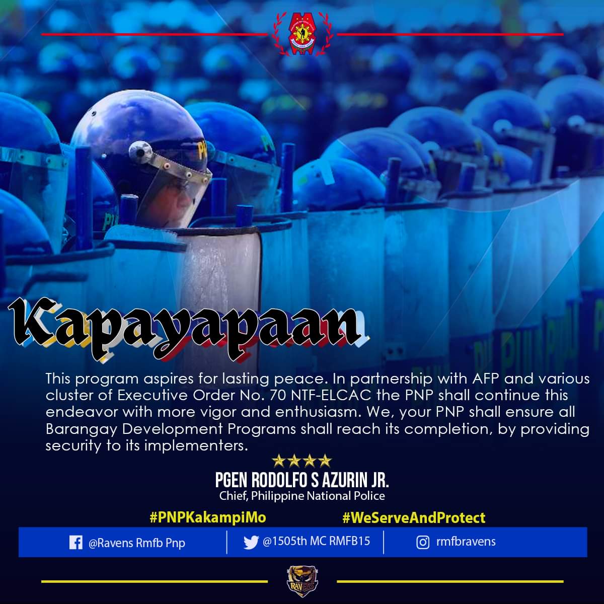 rpsc_procor's tweet photo. KAPAYAPAAN
Kasama ang buong Philippine National Police, layunin namin na siguraduhin ang inyong kaligtasan para sa ikauunlad ng ating pamilya at bansa.

#lifeisbeautiful
#KaligtasanNyoSagotKo
#TulongTulongTayo
#MKKequalsK
#PNPKakampiMo
#RMFB15Cares https://t.co/pjon17fCJV