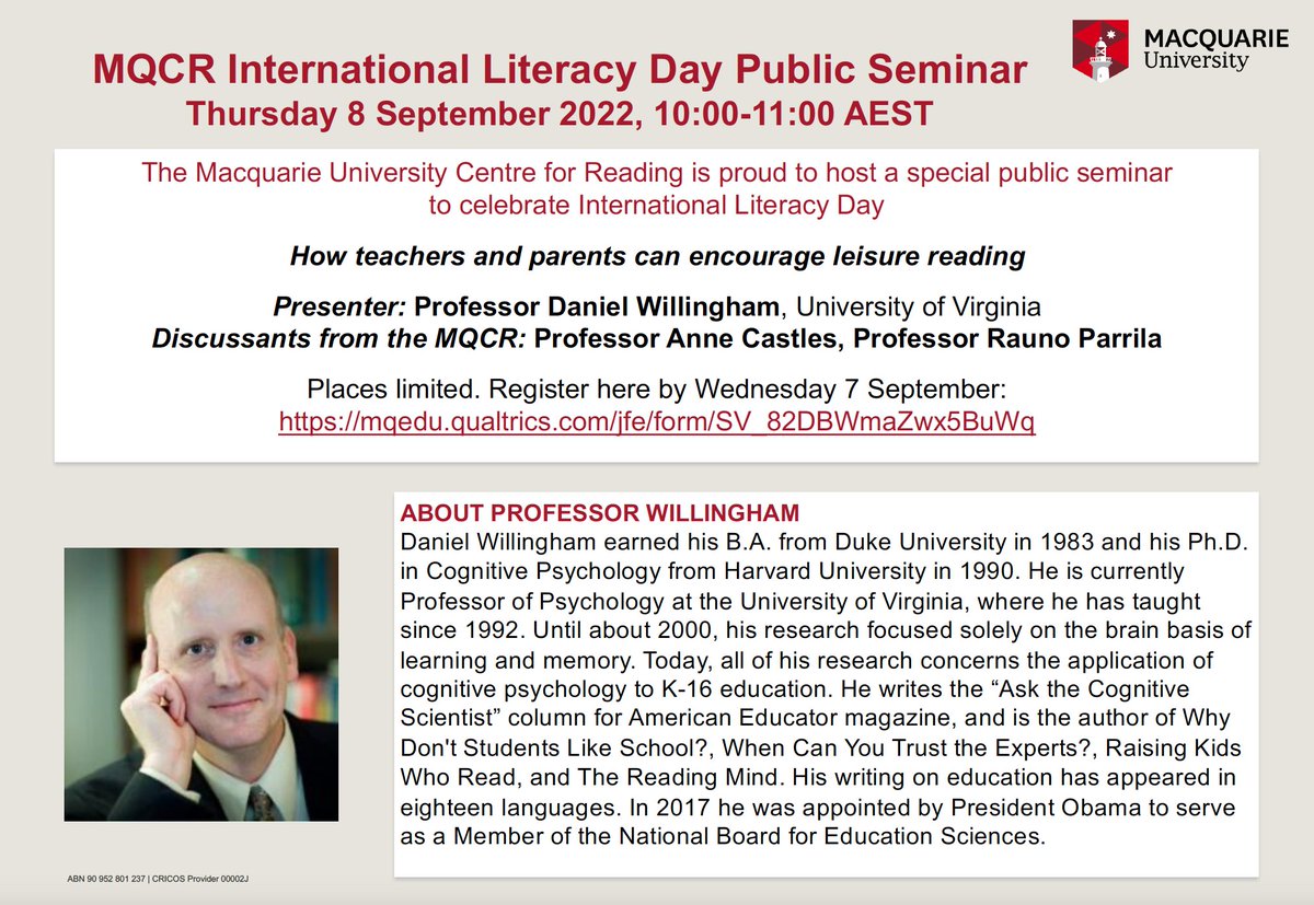 MQCReading's tweet image. Our special online International Literacy Day Public Seminar with @DTWillingham will be starting shortly. Registrants received the zoom link yesterday.