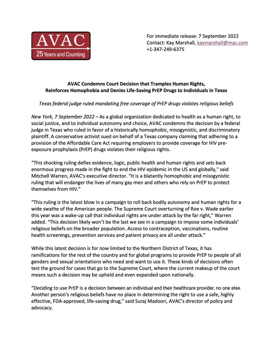 HIVpxresearch's tweet image. AVAC condemns today’s court decision that tramples human rights, reinforces homophobia, and denies lifesaving PrEP drugs to individuals in Texas. This ruling is the latest blow in a campaign to roll back bodily autonomy and human rights. Read more here: avac.org/press-release/…