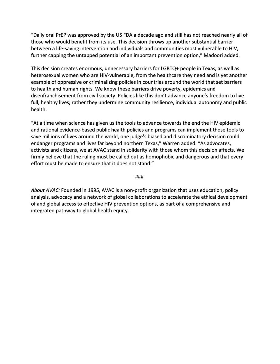 HIVpxresearch's tweet image. AVAC condemns today’s court decision that tramples human rights, reinforces homophobia, and denies lifesaving PrEP drugs to individuals in Texas. This ruling is the latest blow in a campaign to roll back bodily autonomy and human rights. Read more here: avac.org/press-release/…