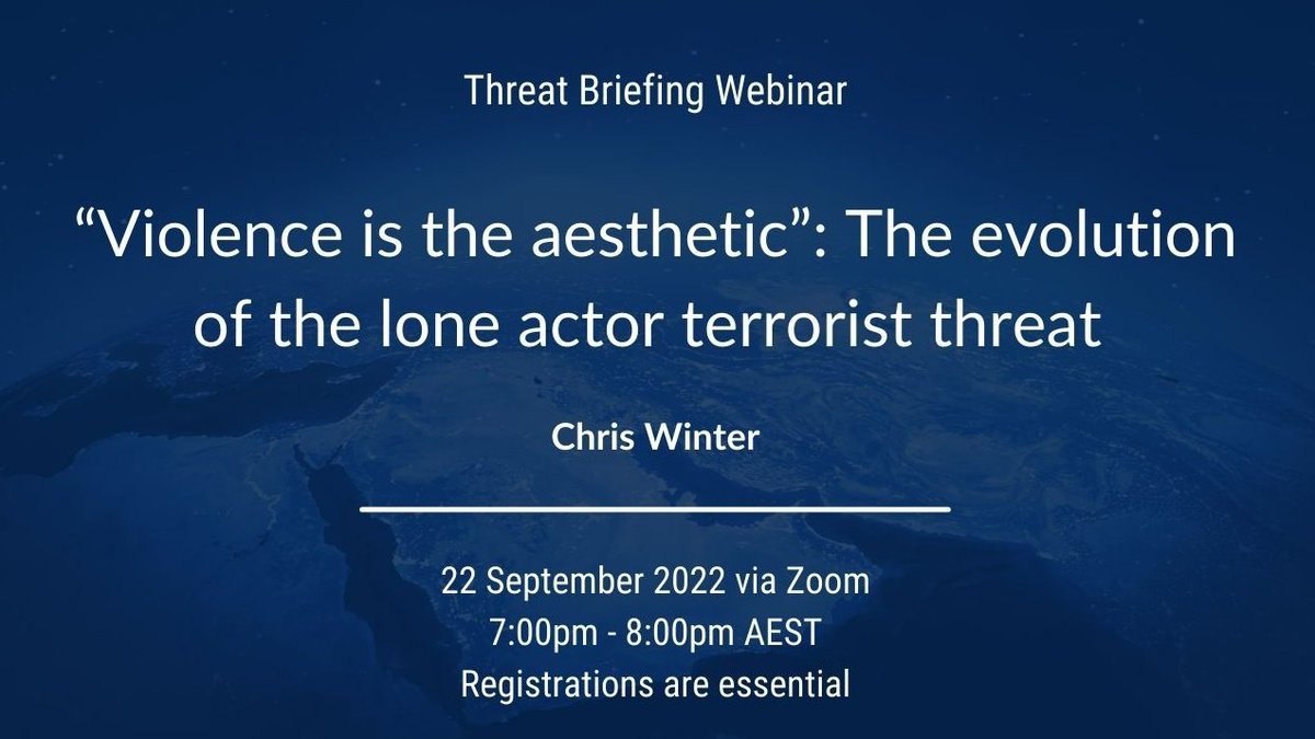 Terrorism_AU's tweet photo. The next Threat Briefing Webinar is set for 22 September 2022, featuring @ChrisJWin and his data-driven approach to #loneactor #terrorism.
Check your Course Site for the link, or message @KristyCampion or here. https://t.co/9mIZfCrhwL
