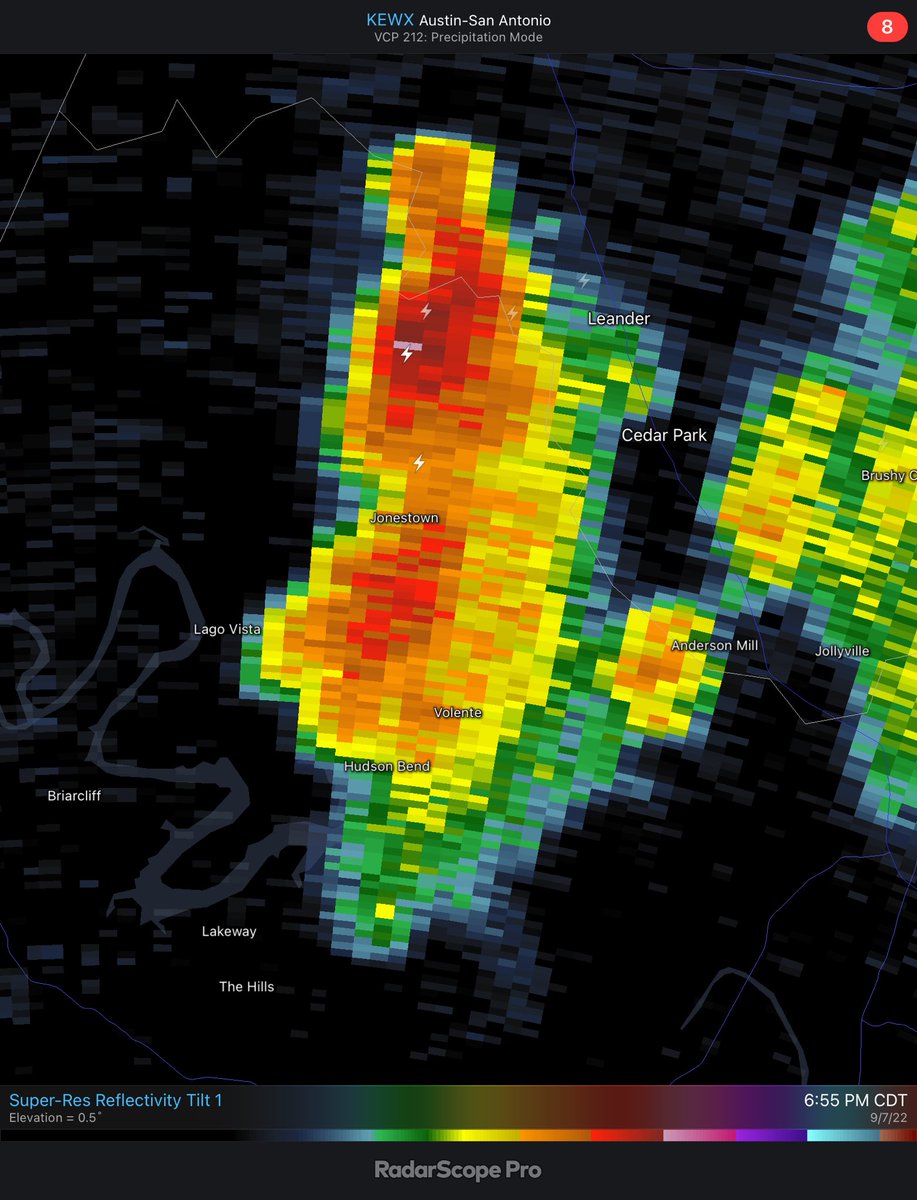 TravisCOSW's tweet photo. You folks in #Jonestown #LagoVista #Briarcliff #Volente heads up on this cell which looks to be pulsing up a little. #atxwx https://t.co/UC31smS4uy