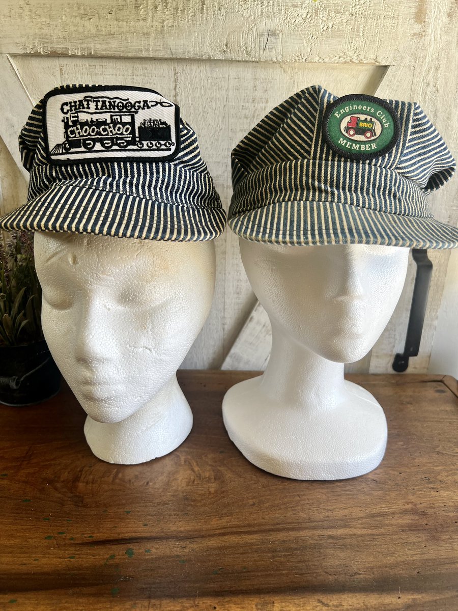 WolfenasV's tweet photo. Vintage train caps. Chattanooga choo choo #MadeInUSA #Conductorcap #trainconductor #engineerhat #costume #uocycle #Recycle #savetheplanet #halloweencostume #halloweenseason https://t.co/LnBufUYaKk
