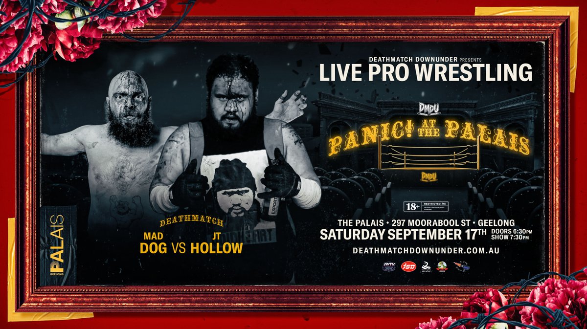 DMDownunder's tweet photo. MATCH ANNOUNCEMENT 🥀 DEATHMATCH: Mad Dog vs @jt_hollow 🇳🇿
Panic! at the Palais
Sat 17 Sept | The Palais Geelong
Doors 6:30, Show 7:30pm
18+ 🔞 #DMDUPanic
Tickets on sale now! 🎟 https://t.co/qVAKPl7hXI https://t.co/GrYNKEPT3z