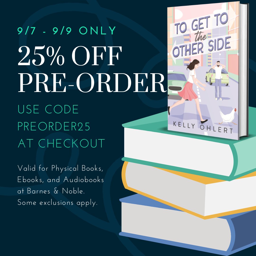 KellyOhlert's tweet photo. I'm sure most everyone who follows authors is well aware of the B&amp;N sale by now, but friendly reminder that TO GET TO THE OTHER SIDE is included! 

🐔 chicken coparenting
🌤 grumpy sunshine
🏠 roommates to lovers 
👨‍👩‍👧‍👦 meddlesome siblings https://t.co/Kzp6ah8rlP