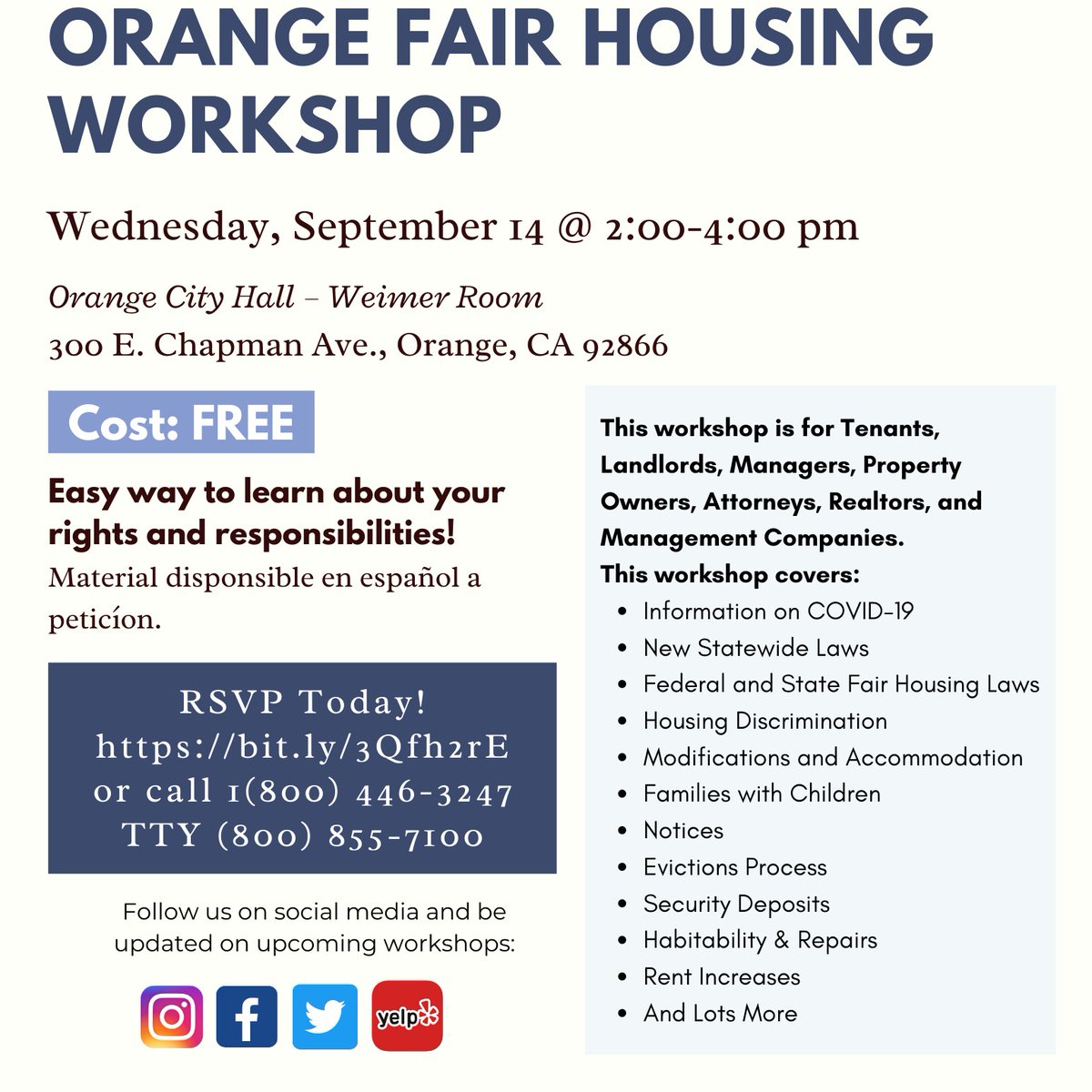 FairHousingFoun's tweet photo. City of Orange residents! Our Virtual Fair Housing Workshop is next Wednesday, September 14, at 2:00 PM via Zoom. FREE and open to the public! Register at https://t.co/rhdHFgGwEm.
#fairhousing #compton #education #rent #workshop https://t.co/1s60SzfW2K