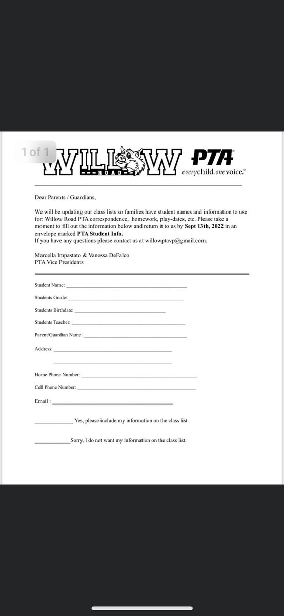Good afternoon Willow Parents. Student Information forms and Class Parents Volunteer forms are coming home today. 
Student forms are due back September 13th
If you wish to volunteer as a class parent, forms are due back September 16th. 
Any questions, please contact us
