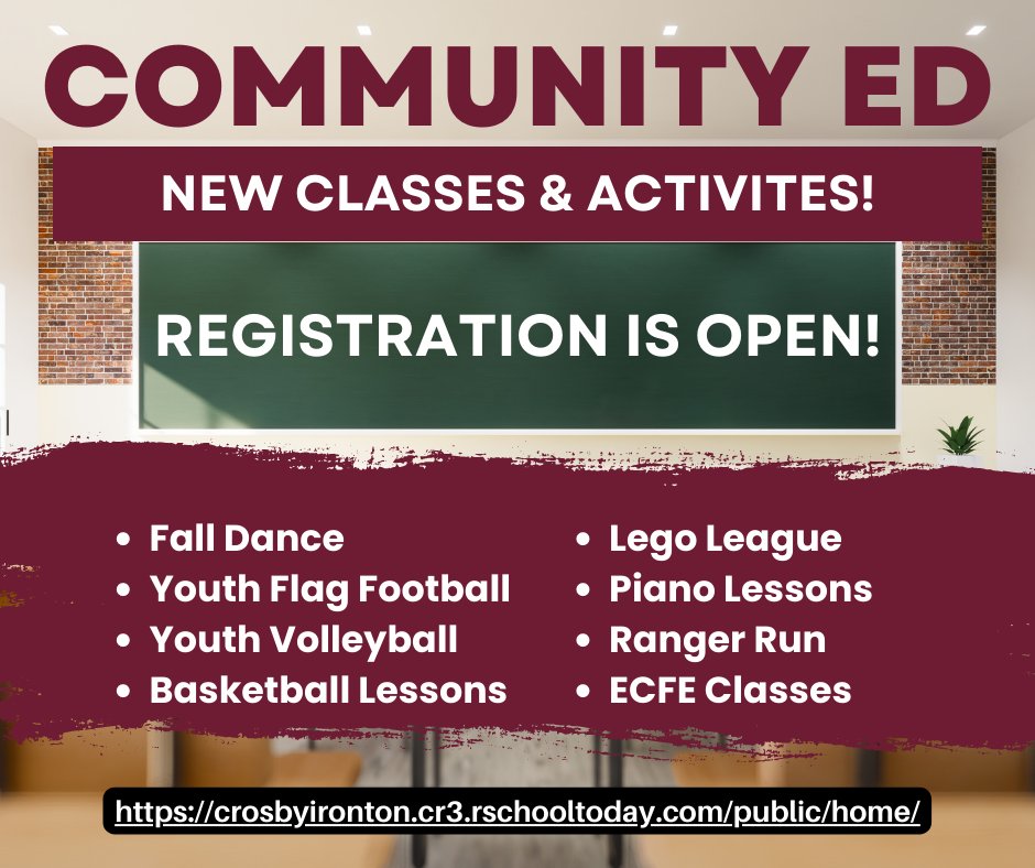 We have many Fall classes &amp; activities open for registration!! Check out our online catalog for all things Community Ed! #GoCIGo crosbyironton.cr3.rschooltoday.com/public/home/