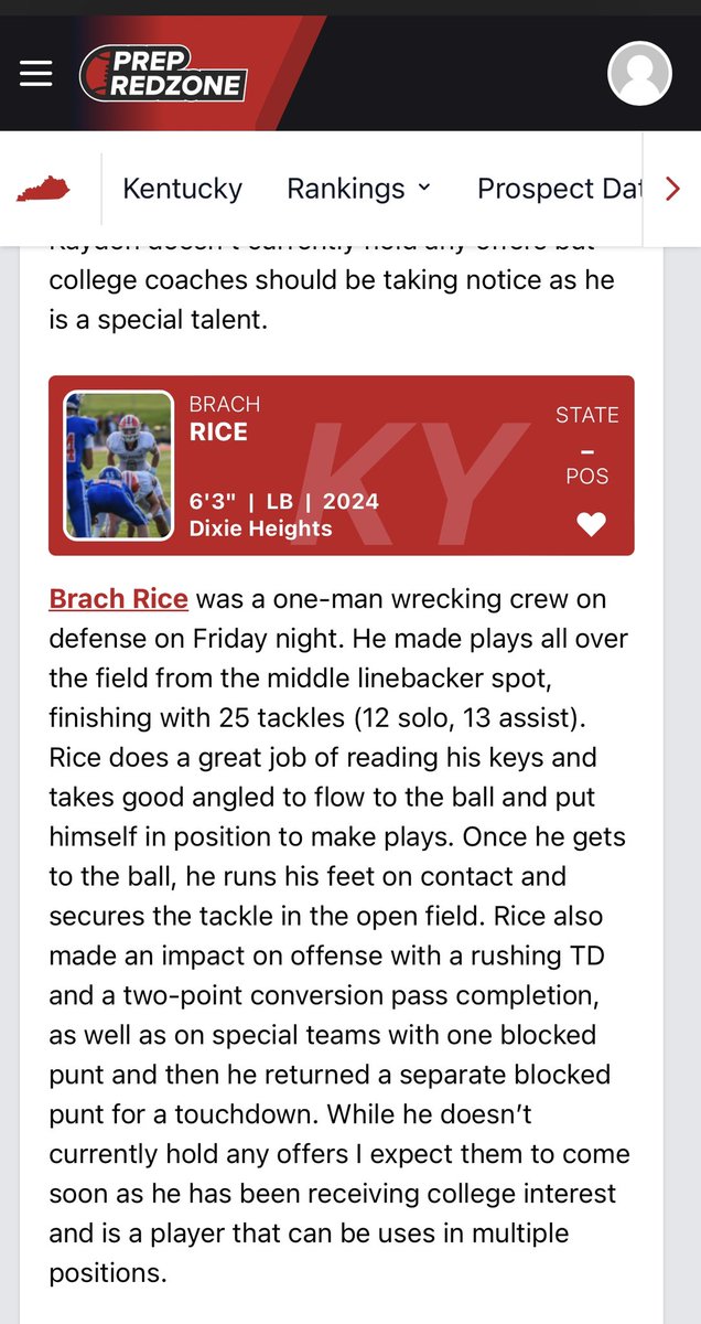 Thank you #PrepRedzone  for listing me as one of Kentucky’s Week 3 top performers.  This really goes out to the team/coaches and our never say die mentality. Colonel Pride!