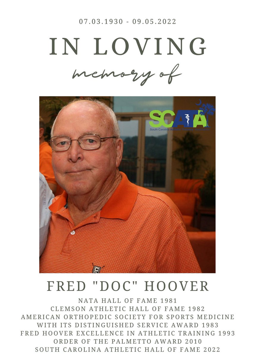 SCATCs's tweet image. We celebrate the life of Fred "Doc" Hoover, retired athletic trainer and founding father of SCATA. The impact Fred had on the athletic training profession is profound &amp;amp; he will be remembered for his dedication to family, friends &amp;amp; the athletic training profession.