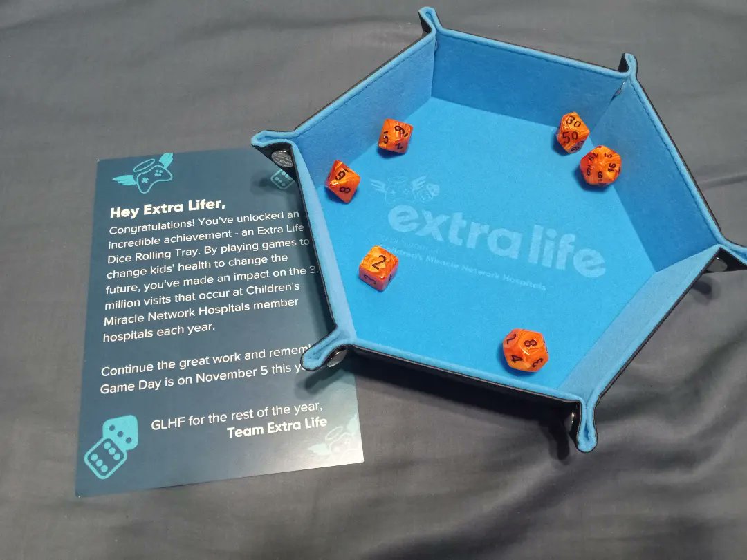 S15Costuming's tweet photo. My Dice Rolling tray from @extralife4kids arrived today for raising over $80 for @nicklaus4kids during #TabletopAppreciationWeekend last month. Thank you for donating and changing kid's health!
Now I just need a D&D campaign to use it...
#extralife #dicerollingtray #DnD https://t.co/ICI9T7tHak
