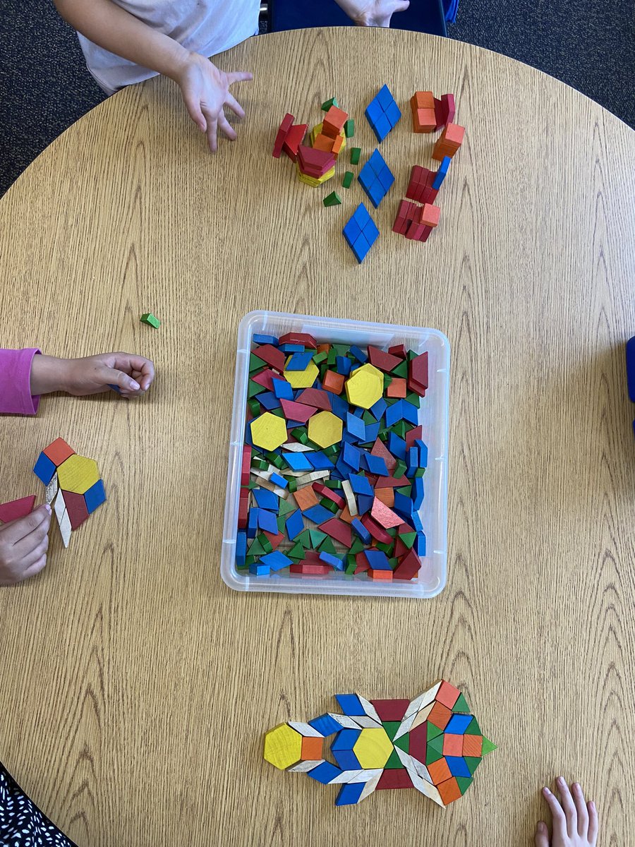 Heath1OC's tweet photo. We will use lots of manipulatives in first grade! Today we explored with pattern blocks, then started this poster of things mathematicians do. Look at all the skills we practiced in one day! https://t.co/R6pWnOMa1K