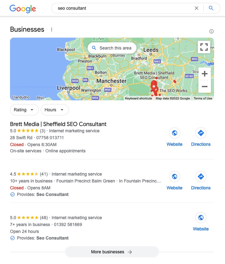 I've got this result for a local business search for within 48 hours for the highly competitive keyword 'seo consultant'! 🔥 - I'm putting together a FREE Google Doc to show you exactly how I did it'. Register here! brett.media/hire-me/ #business #localbusiness #localseo #seo