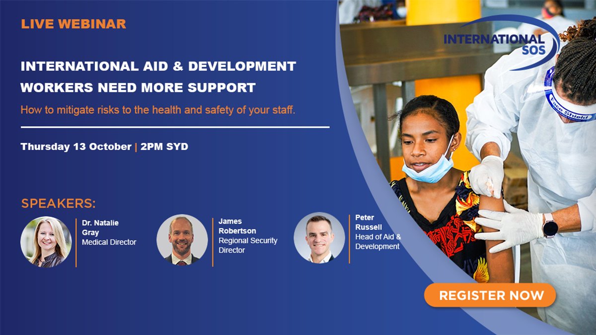 IntlSOSAU's tweet photo. The world of humanitarian and development aid is changing. Field staff and volunteers are no longer protected by reputation alone.  Join us as we talk through how to mitigate the risks so your staff can deliver assistance and fulfil their missions https://t.co/cVNu2g2Yiv https://t.co/36BzOTX1EI