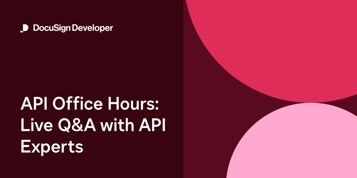 Have questions about your #DocuSign integration? Join our next #API Office Hours and get your questions answered live from our API experts. All happening 9/13 at 10am PT Register here 👉 bit.ly/3BkhwYC