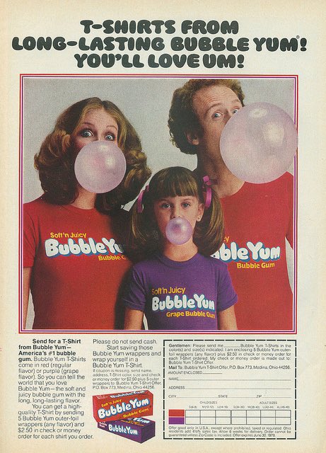 nostalgiapix25's tweet photo. Just save 5 outer foil Bubble Yum wrappers & send them in with $2.50 - you can be the proud owner of a red or purple Bubble Yum tee. (1977) #ad #orderform #vintage #BubbleYum #tee #gum #tshirt #classic #nostalgia https://t.co/aQX1LEVaIq