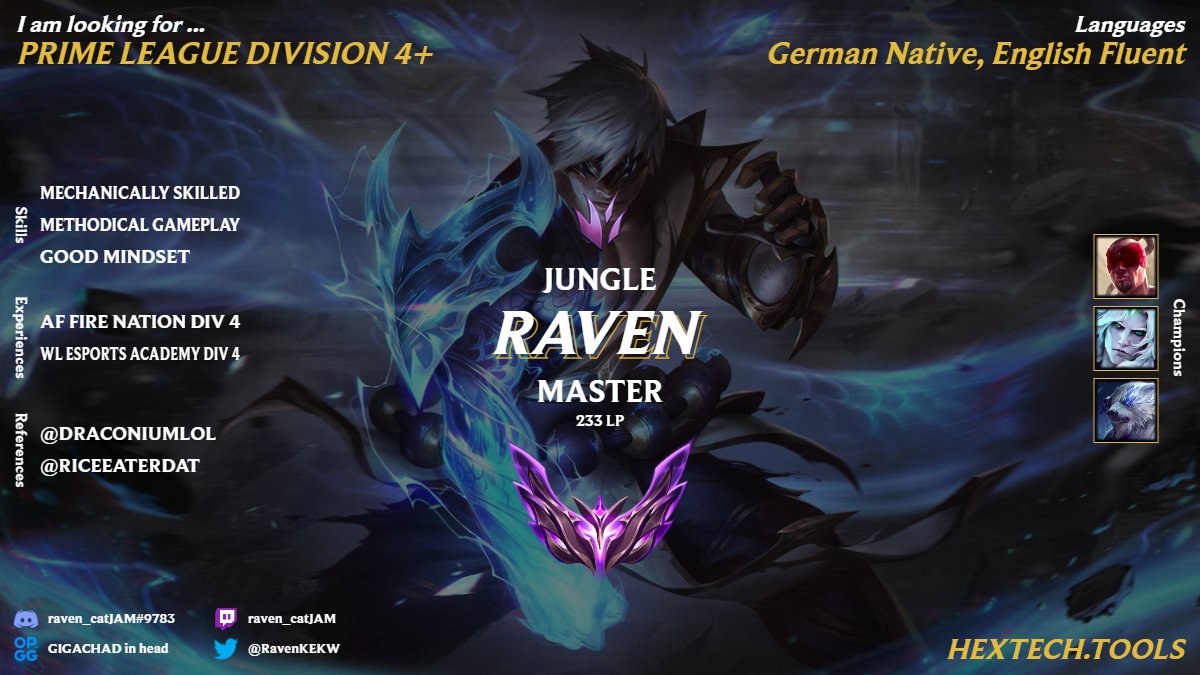 After hitting masters for the first time with a peak of 233 lp, I've decided to take on competitive with a new drive again. I am mainly looking for options in the Prime League's Div 4+
Likes + Retweets appreciated ♥
<a href="/lft_prime/">Prime League LFT</a>