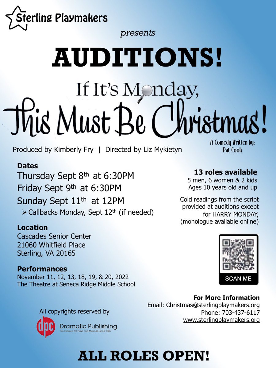 SPlaymakers's tweet photo. ‼️CASTING NOTICE‼️
Sterling Playmakers auditions begin TOMORROW for “If It’s Monday, This Must Be Christmas”! Auditions will take place on Thursday and Friday at 6:30 PM &amp; Sunday at 12 PM at the Cascades Senior Center in Sterling. 
To learn more, visit https://t.co/DWBMQt0Np5 https://t.co/agjQcP8a2e