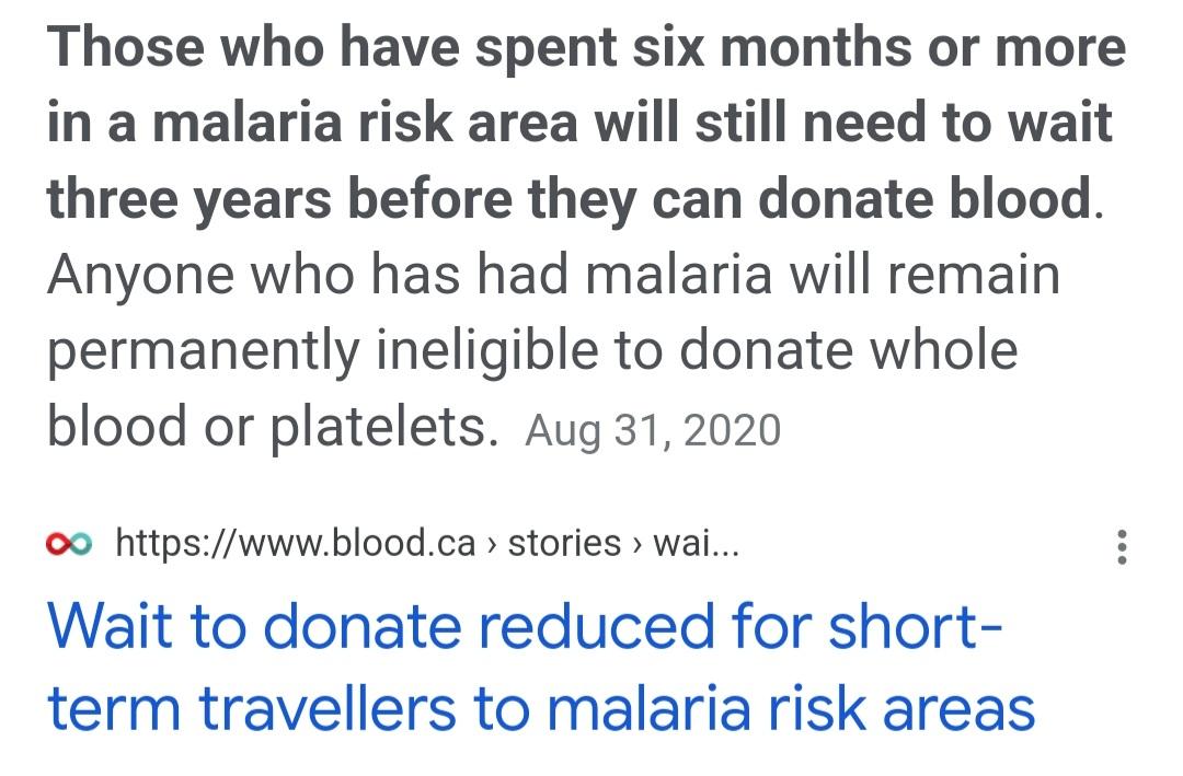 MaheshwariRahil's tweet photo. @JustinTrudeau @GovCanHealth Please also help lift the ban on people who have had malaria years ago but still are not allowed to donate blood.
Even the CDC Allows people who recovered from malaria to donate blood after 3 years. https://t.co/FWWQZVqfoF