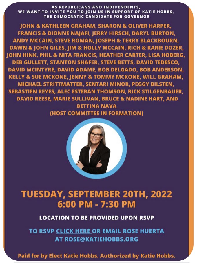 brahmresnik's tweet photo. JUST IN @katiehobbs fundraiser set w business &amp; community support from GOP, independents. #AZGOV https://t.co/9frOlaNlmS