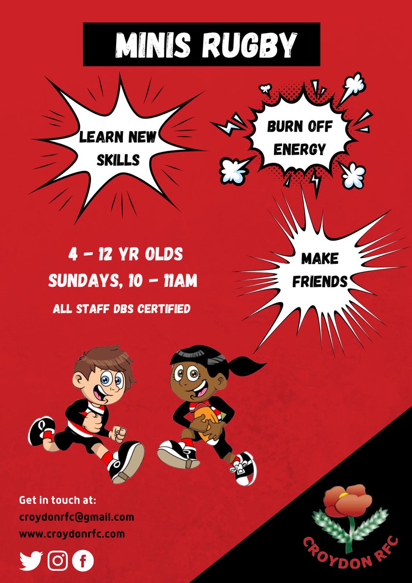 Our minis training sessions are back this Sunday! For kids aged 4 - 12, these sessions at the Croydon RFC club are a great opportunity to develop new skills and meet new friends. Ping us a email further details 🔴⚫️
