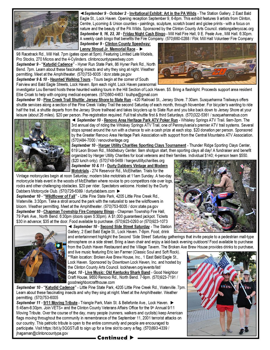 ClintonCountyPA's tweet photo. Hi, Clinton County fans! Attached is your latest “What’s Happening” flyer – three pages this week! Please print, post &amp; share (we share this to our Explore Clinton County, PA Facebook page). For a full Calendar of Events, visit our website at https://t.co/772rVwWwb4 https://t.co/IKJZciFtII