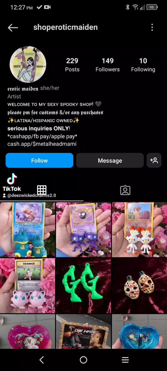 Deezwickdcharms's tweet photo. @metalheadmami 
You really fucked up. Now so many people are pissed and after you. 
Don't steal pictures of hardworking people's art and try to scam people. This is NOT YOUR WORK. https://t.co/yO9Gy06VJv