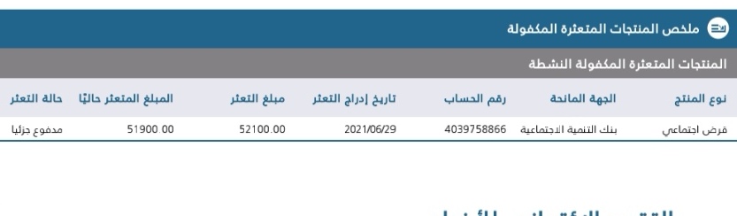 v_vv02's tweet photo. @SaudiSIMAH السلام عليكم ورحمة الله وبركاته أخي الفاضل بعد اذنك أريدك أن تفيدني في حال المكفول لم يسدد وظهر في تقرير سمه في خانة المنتجات المتعثره المكفوله النشطه مدفوع جزئيا كما هو موضح بالصوره واردت ان ا��رج تمويل او منتج بالاقساط هل يصبح تعثر يترتب سداده لاتمام حاجتي من التمويل https://t.co/TJ73kPAjCd