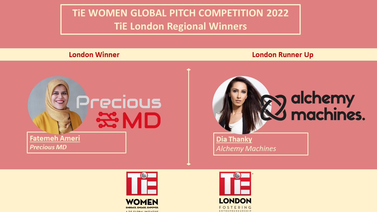 We are delighted to announce the results of the TiE London Women Pitch Final 2022 
Winner: PreciousMD
Runner up: Alchemy Machines
preciousmd.com alchemymachines.ai
#Entrepreneur #TiEWomen #AI #machinelearning #pitchcompetition #WomeninBusiness