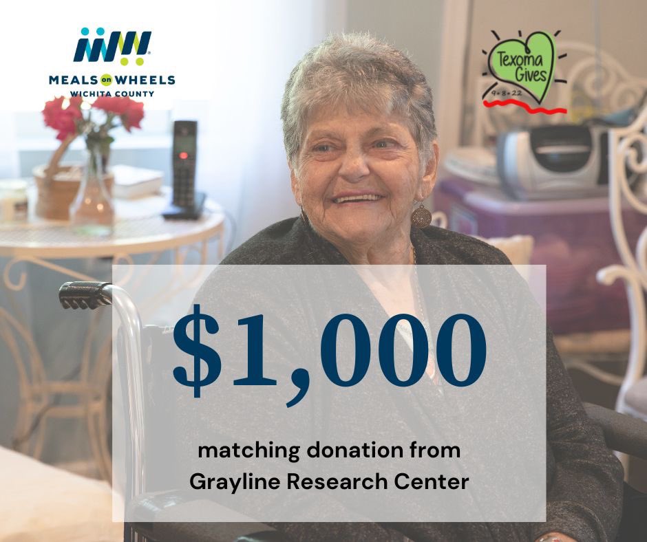 Thank you Grayline Research Center for generously donating a matching donation of $1,000 for Texoma Gives! 

 Every dollar you donate on Thursday, September 8th helps us DOUBLE the $1,000 matching donation!💙🍽