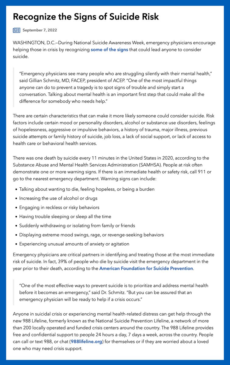 EmergencyDocs's tweet image. During National Suicide Awareness Week, emergency physicians encourage everyone to help those in crisis by recognizing some of the signs that could lead anyone to consider suicide.

Read our statement: emergencyphysicians.org/press-releases…