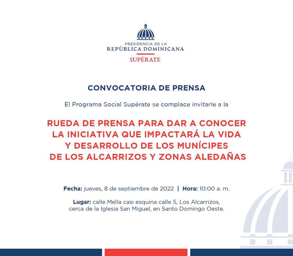 SuperateRDO's tweet photo. Convocatoria de Prensa

El Programa Social Supérate se complace invitarle a la Rueda de prensa para dar a conocer la iniciativa que impactará la vida y desarrollo de los munícipes de Los Alcarrizos y zonas aledañas. https://t.co/G5yNjjCwZa