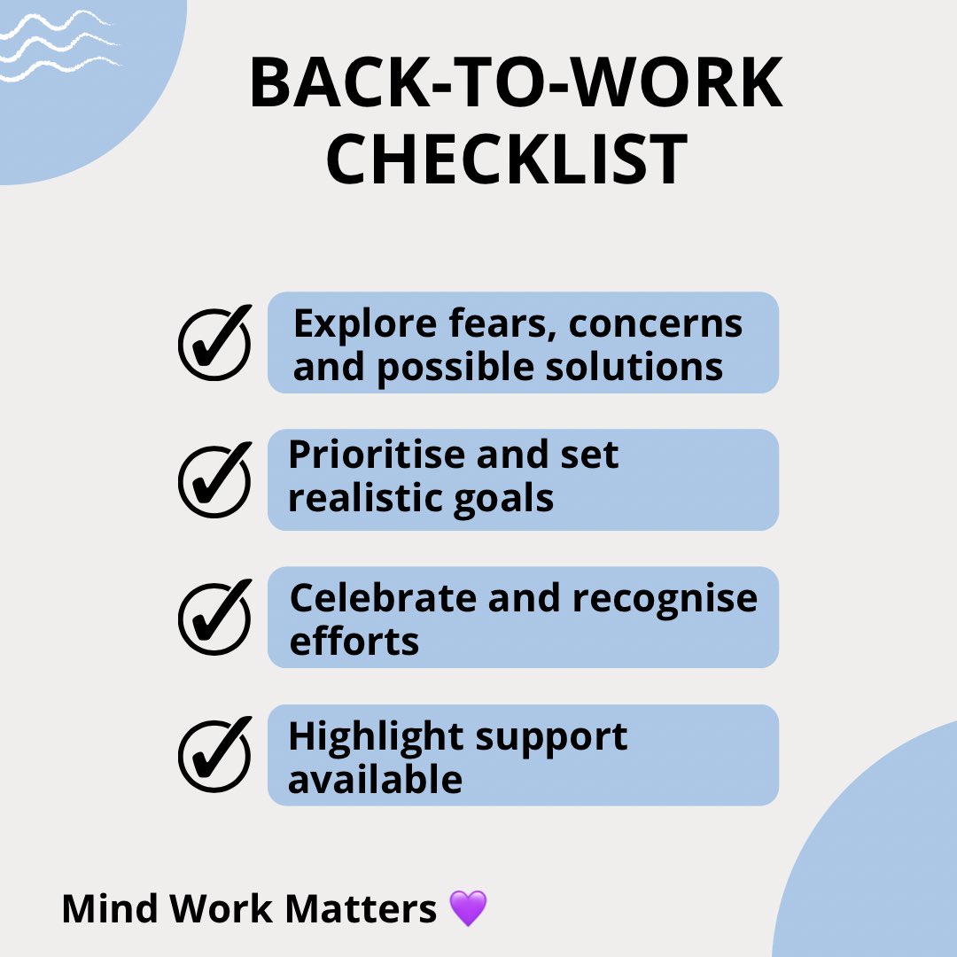 mindworkmatters's tweet photo. Do you have a Back-To-Work Checklist to help staff transition back into school life? Consider the following as you work to support both your own and your teams wellbeing in the weeks and months ahead. #WellbeingSolutions https://t.co/bD2HO08pzj