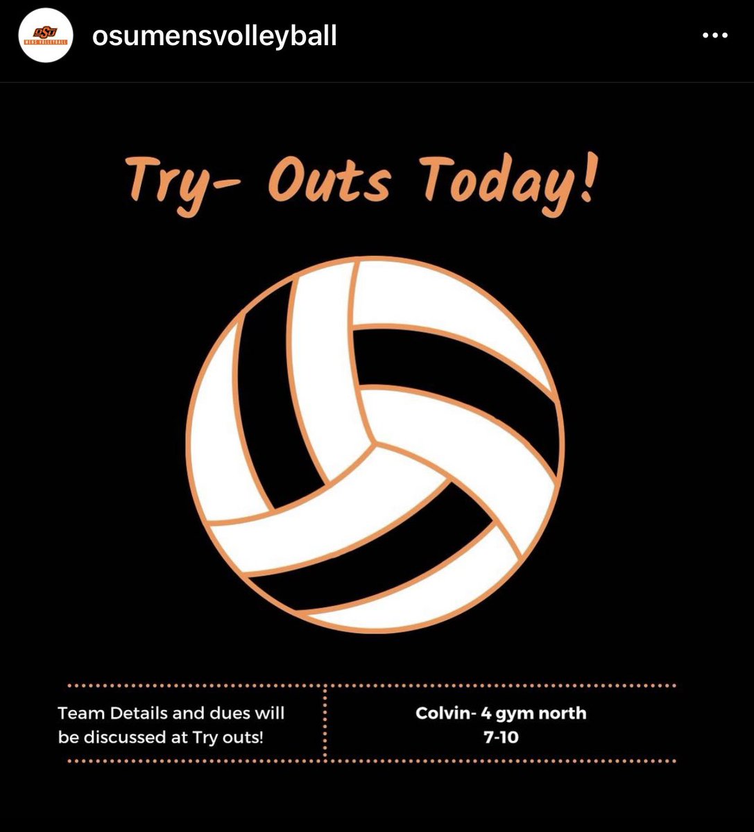 OkStVolleyball's tweet photo. #okstate #okstate26 don’t forget tryouts tonight! Show up and show out for mens volleyball! https://t.co/DM0MOkuoFj