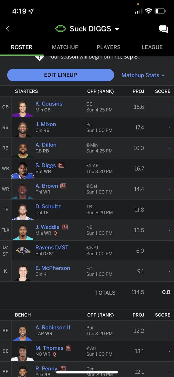condormac1998's tweet photo. @fantasyfocus Suck my diggs, 10 team full PPR, ESPN college friends league https://t.co/PRz1sf7s3v