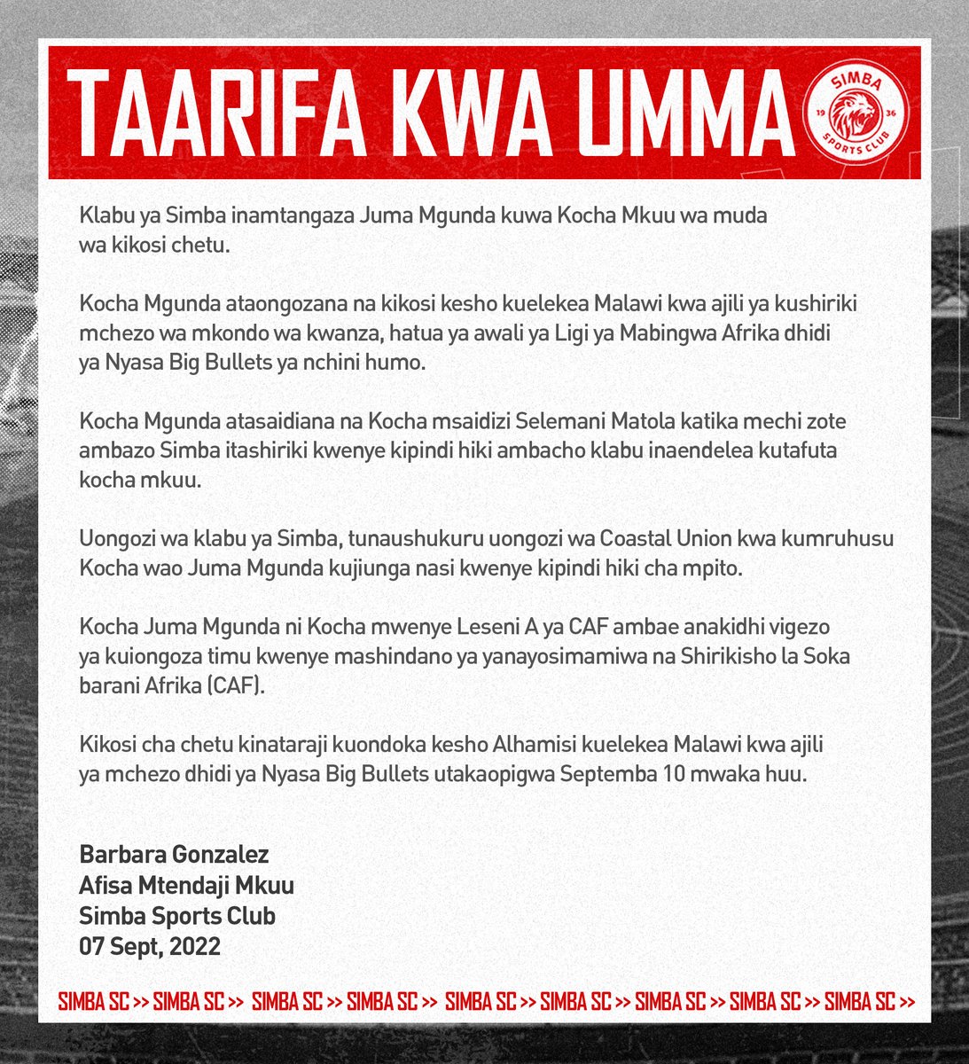 SimbaSCTanzania's tweet photo. 🦁 𝐓𝐀𝐀𝐑𝐈𝐅𝐀 𝐊𝐖𝐀 𝐔𝐌𝐌𝐀 🦁

#NguvuMoja https://t.co/0HvleQfP6W