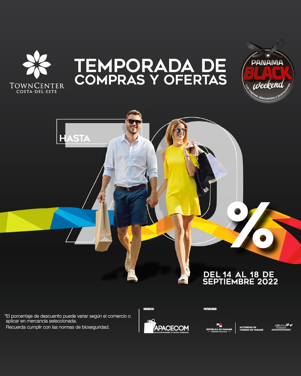towncenter_cde's tweet photo. Del 14 al 18 de septiembre tienes una cita para disfrutar de la temporada de compras y ofertas hasta 70 % 🤩🛍️
*El porcentaje de descuento puede variar según el comercio o aplicar en mercancía seleccionada.
#TownCenterCDE #PanamaBlackWeekend #Panama #APACECOM https://t.co/FAXmlI9la8