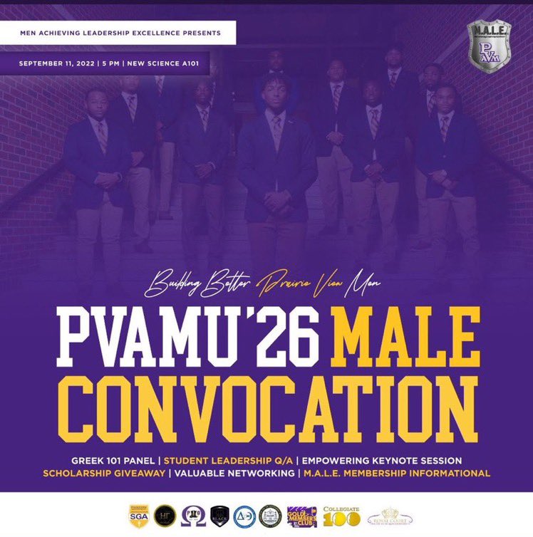 Attention #PVAMU26 #PV26 Men!

The most impactful MALE event of the semester is almost here! 👔

The leaders of PV want to welcome you and equip you with everything you need to achieve “Leadership Excellence”! 🛡 

Sunday, September 11, 2022 • 5 PM
New Science A101
<a href="/MalePVAMU/">Men Achieving Leadership Excellence</a>