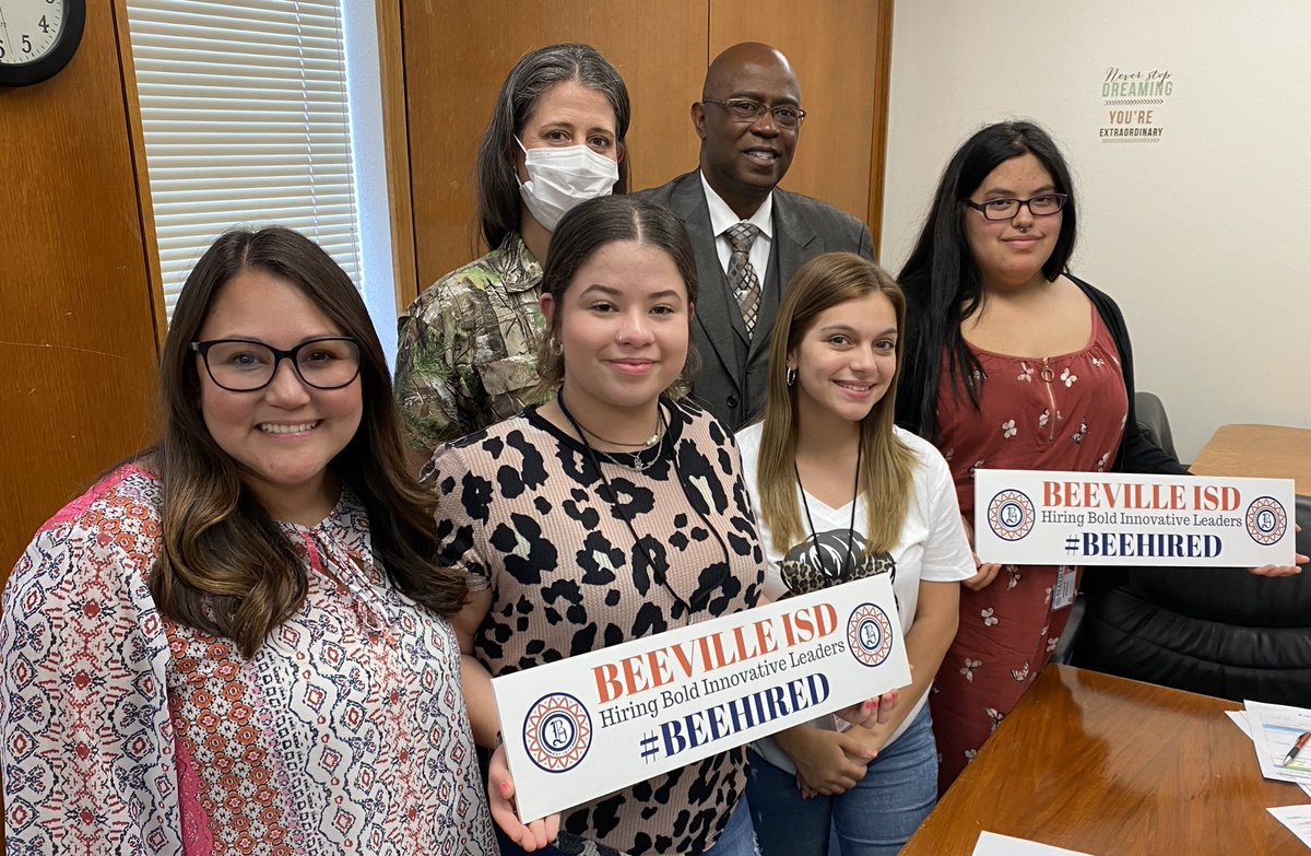 BeevilleISD's tweet photo. So this just happened and we couldn’t be more excited! We just hired three of our @BISDACJ @Beevillecte education program students to work at @BISDRAH R.A. Hall WHILE enrolled in high school! Congratulations! #GrowYourOwnProgram #BEEtheWHY https://t.co/rPbSh5QQVM