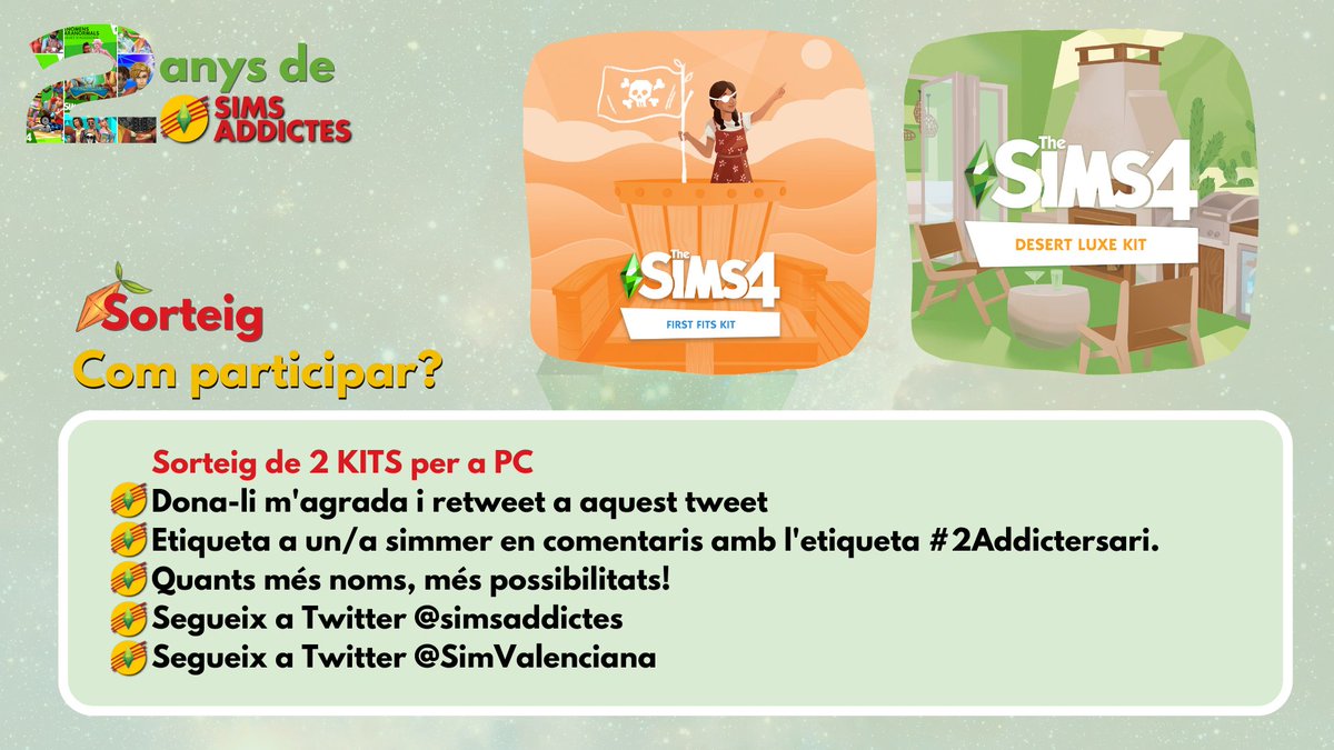 Iniciem sorteig a #Twitter!📢
Guanya 2 #KITS de <a href="/LosSimsES/">Los Sims</a> 

👉Retweet i m'agrada.
👉Comenta amb #2Addictersari i etiqueta a Simmers. Quants més comentaris, més possibilitats!
👉Segueix a Twitter a <a href="/simsaddictes/">Sims Addictes</a> i a <a href="/SimValenciana/">Simmer 🎮</a>.

FINS AL 11 DE SETEMBRE A LES 23.59H