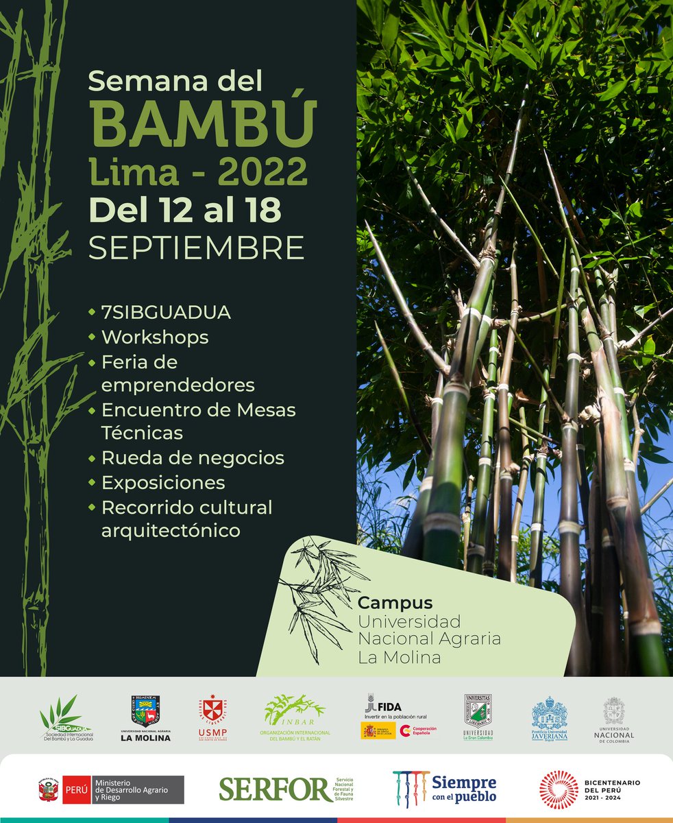 Faltan 5 días para la celebración sobre bambú más importante del año. Semana del Bambú con actividades e invitados internacionales, que te mostrarán las bondades de este recurso forestal. Separa las fechas, revisa la programación sibguadua.org #7sibguadua #sibguadua