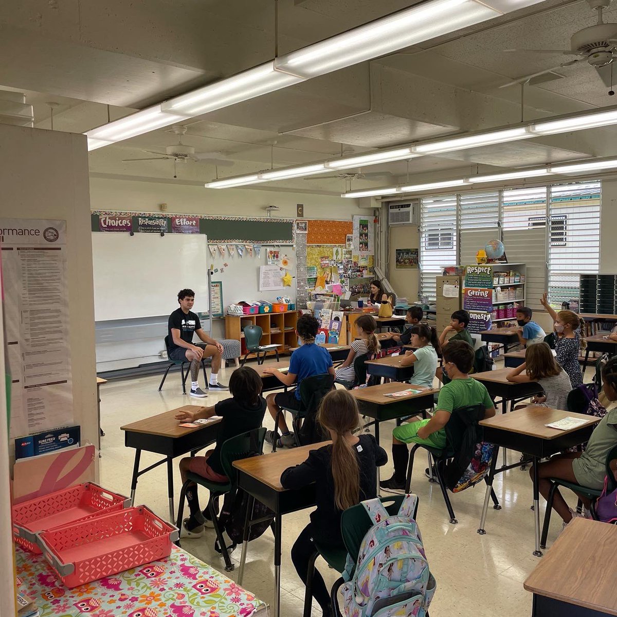 HPU_MBB's tweet photo. We had a BLAST volunteering our time at Noelani Elementary School this morning discussing healthy living habits in the classrooms. We also got to spend some time on the court with the students teaching them games and drills! #Ohana 🦈 https://t.co/wlGy5v5CAh