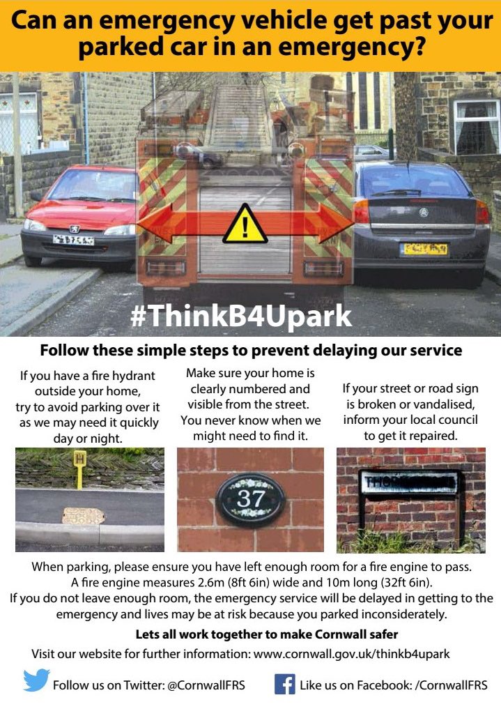 WadebridgeCFRS's tweet photo. A busy start to September with 7 shouts attended in the first week.

Today while responding to an automatic fire alarm, we encountered access issues due to a poorly parked vehicle.

Please take note of signage. We left a leaflet for the owner on their return.

#ThinkB4UPark https://t.co/bbHRjQLTTi