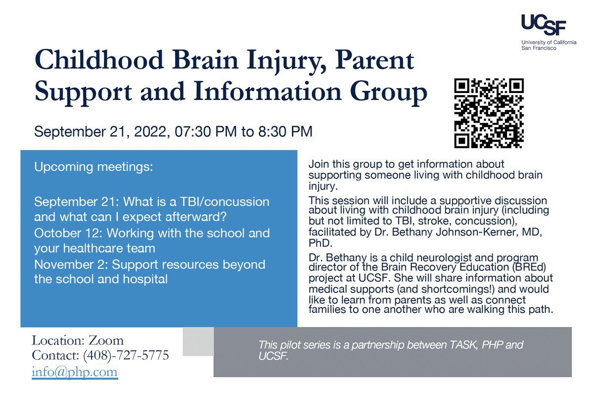 UCSF Pediatric Brain Center (@ucsf_pbc) on Twitter photo Together with <a href="/phpeducation/">PHP SAN JOSE</a>, Dr. Bethany Johnson-Kerner, MD, PhD, from <a href="/BrainRecoverySF/">Brain Recovery Education Initiative</a> will be hosting a supportive discussion about supporting someone living with childhood #braininjury on Sep 21 from 7:30 – 8:30pm. More info @ php.com/event/childhoo… #TBI #concussions Together with <a href="/phpeducation/">PHP SAN JOSE</a>, Dr. Bethany Johnson-Kerner, MD, PhD, from <a href="/BrainRecoverySF/">Brain Recovery Education Initiative</a> will be hosting a supportive discussion about supporting someone living with childhood #braininjury on Sep 21 from 7:30 – 8:30pm. More info @ php.com/event/childhoo… #TBI #concussions