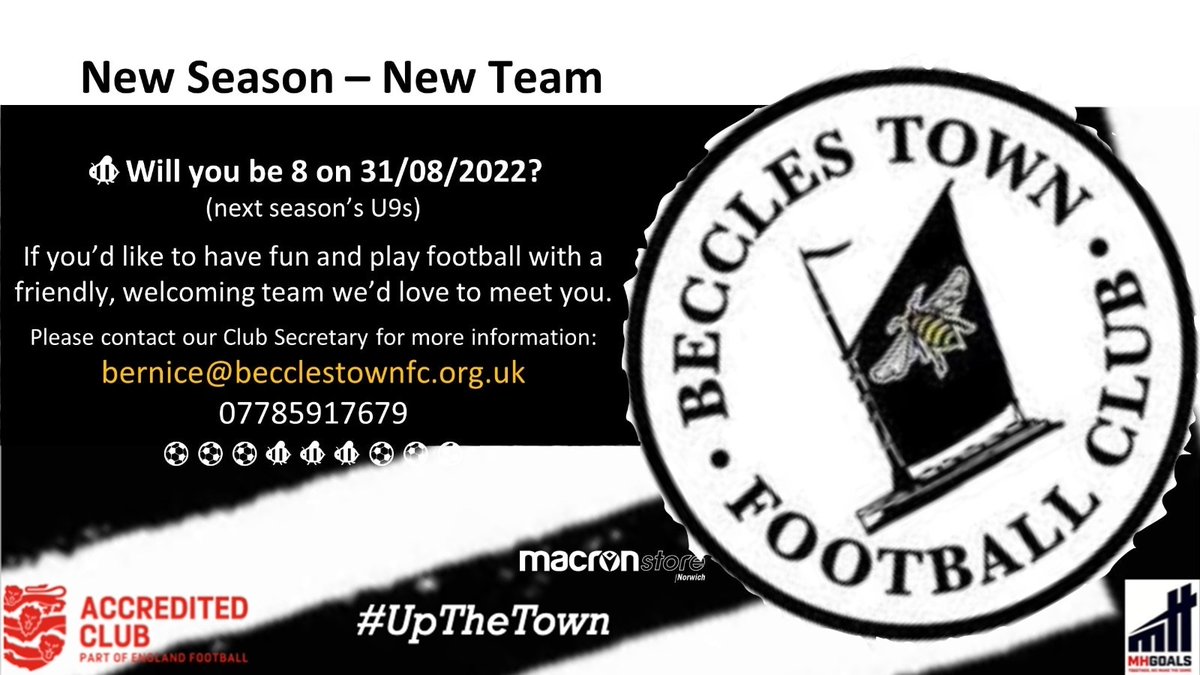 💥💥💥 Footballing Opportunities 💥💥💥

We need enthusiastic fun kids to join our teams ⬇️⬇️⬇️

<a href="/BecclesFC/">Beccles Town FC - Mens</a> U9s who play in the <a href="/NSYFL/">East Point Sports Norfolk & Suffolk Youth League</a>

<a href="/Becclesladiesfc/">Beccles Town Ladies 11s & 7s</a> U13s who play in the <a href="/NWGFL/">NWGFL</a>

If you'd like further information please don't hesitate to get in touch 😀