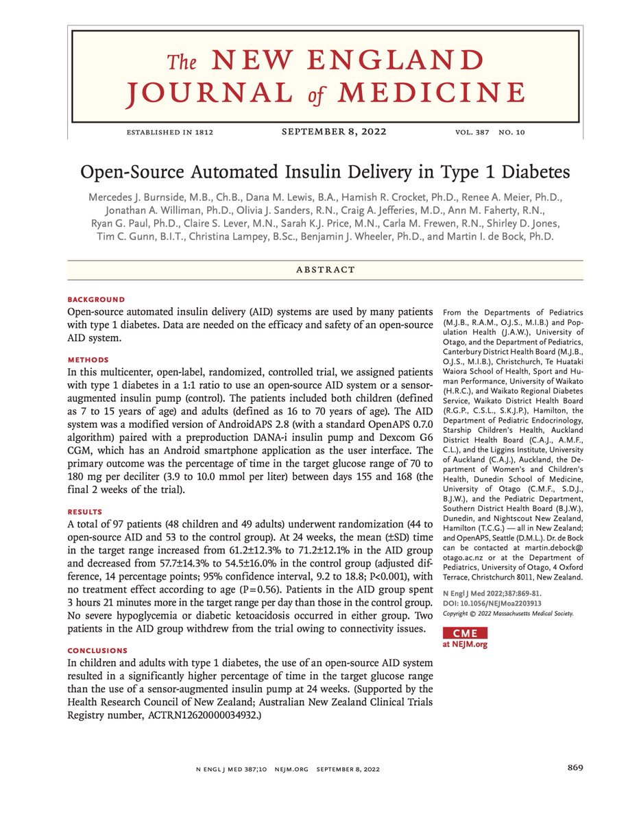 danamlewis's tweet image. I’m thrilled to share that results from the CREATE trial (RCT studying the #OpenAPS algorithm in a modified version of AndroidAPS in people with type 1 diabetes) is now published in @NEJM: bit.ly/NEJM-OSAID

(Here is a plain language summary also: bit.ly/3AWqlqf)