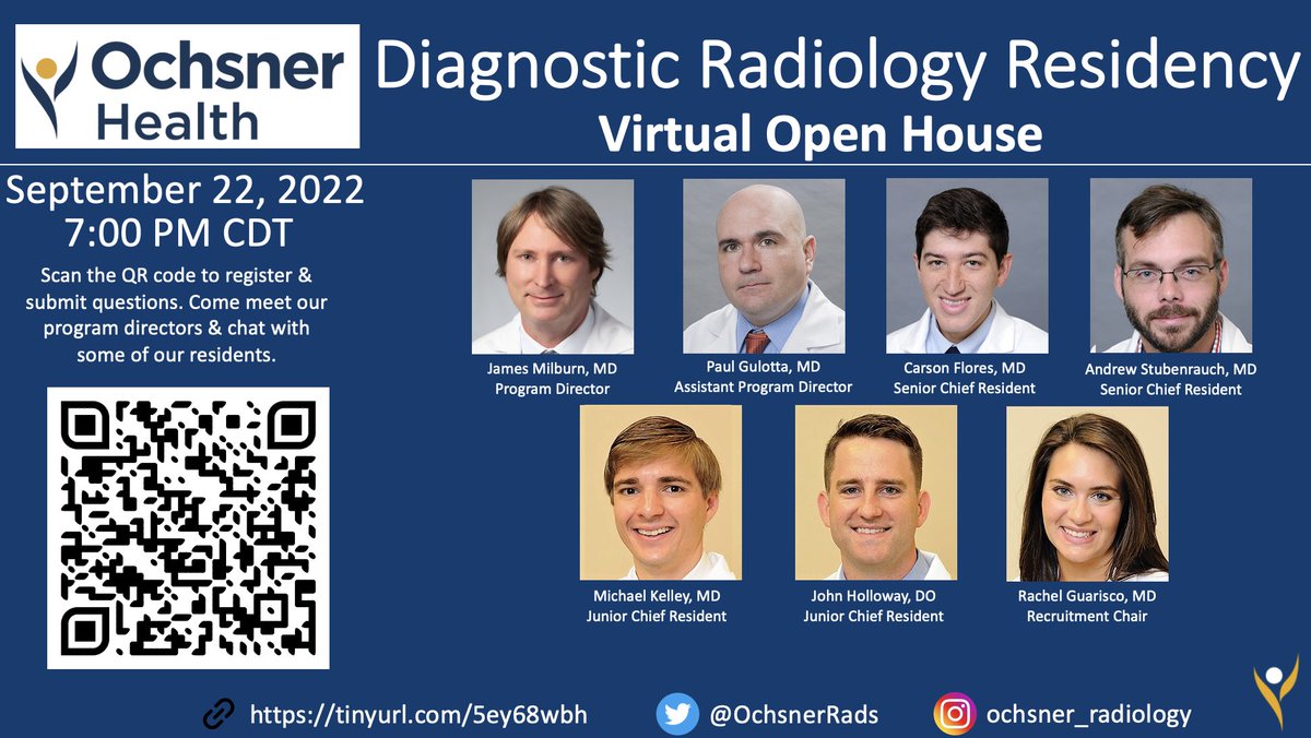 carflows's tweet photo. Future #radres! Join us @OchsnerRads for our upcoming virtual open house in 2 weeks to learn more about what makes our program great. Scan the QR code to register and submit your burning🔥 questions. https://t.co/rVxcHwDk6q