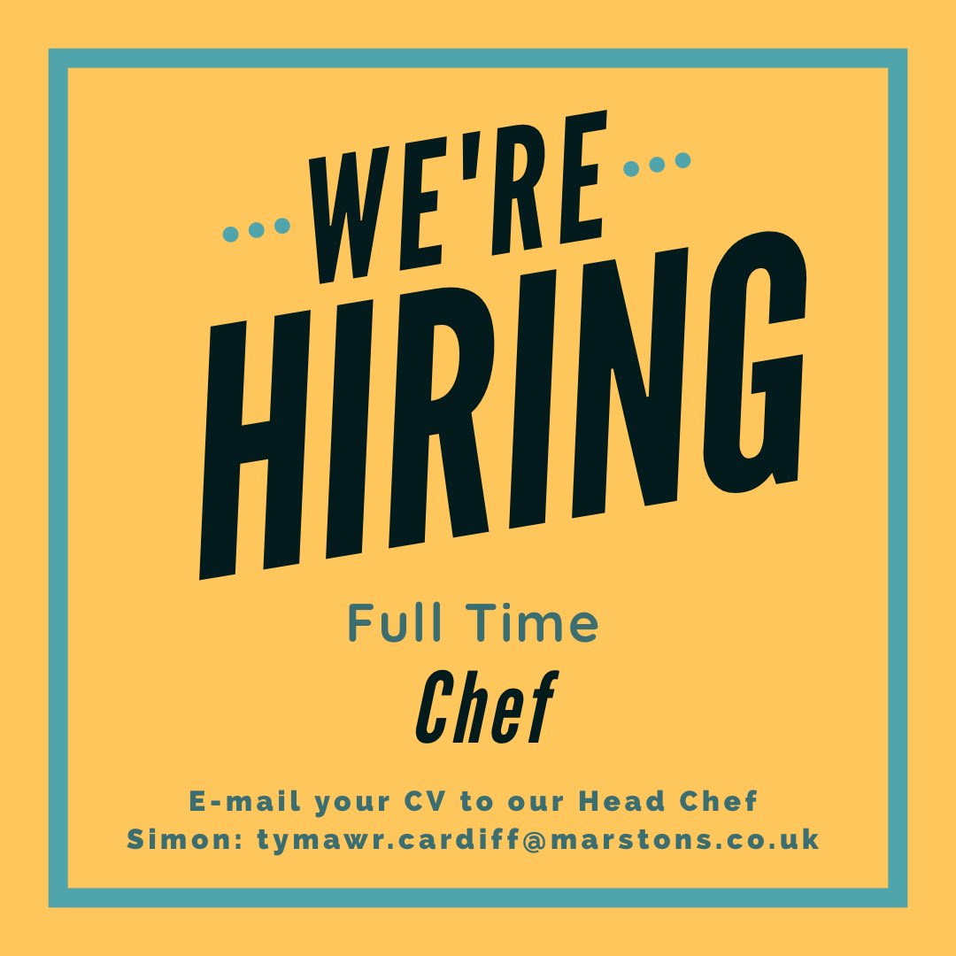WE ARE HIRING! 👩‍🍳 👨‍🍳  CHEF VACANCY 

We are looking for talented people to join our kitchen team at the Ty Mawr. If you are interested in a job with us, or know someone that is, email your C.V. to our Head Chef Simon: tymawr.cardiff@marstons.co.uk #CardiffJobs #chefjobsuk