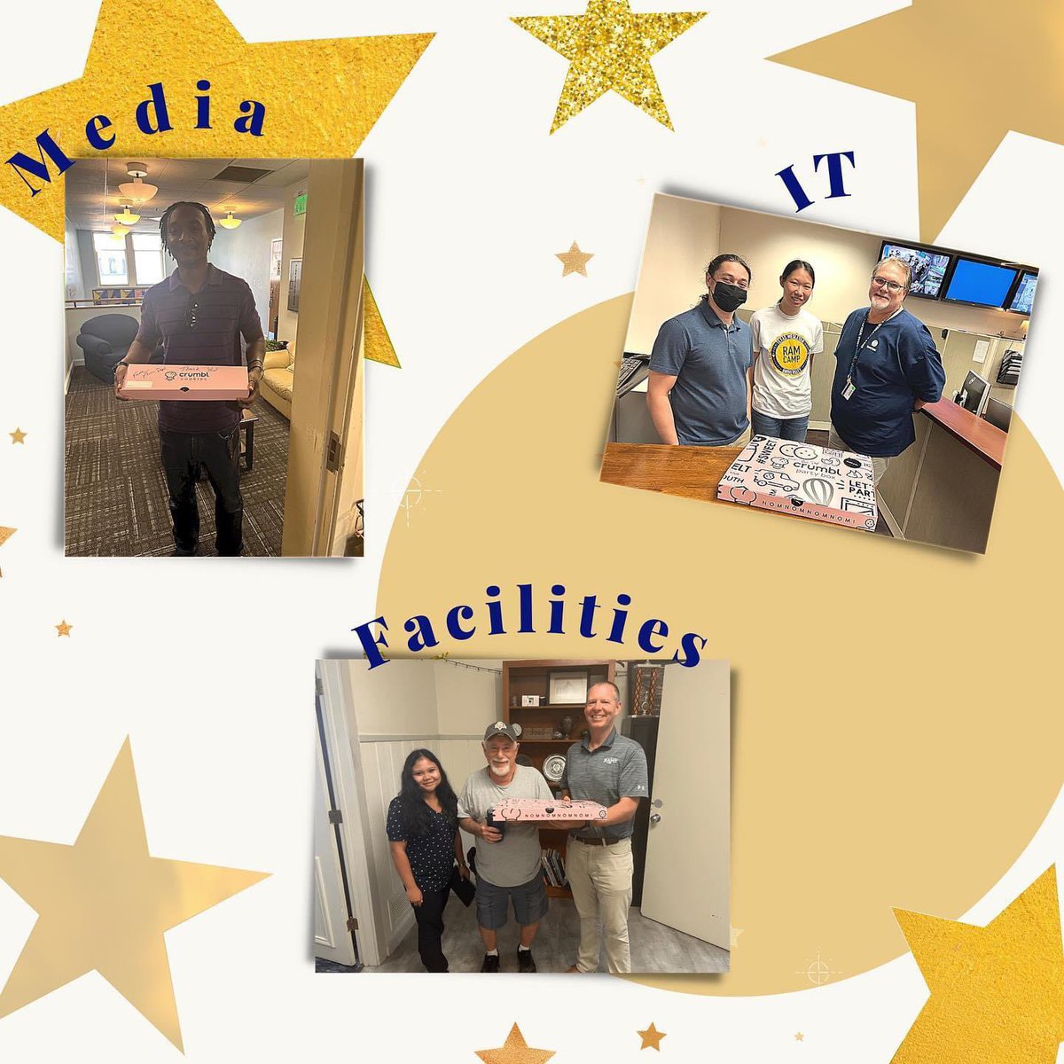 TxWesMusic's tweet photo. Sometimes it’s behind the scenes people that keep us running! A little gratitude is oh so sweet (see what they’re holding?😉) Thank you Media, IT, and Facilities for all you do! #rammusiclife #RamsUp 🐏💙💛 https://t.co/bTkumYbvUW
