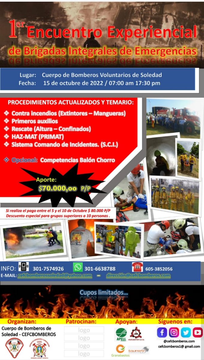 Ven a nuestro 1er encuentro experimental de Brigadas integrales de emergencia. 
Aquí en nuestra maravilloso centro de formación y capacitación Bomberos Soledad-Atlántico  este 15 de octubre de 2022.